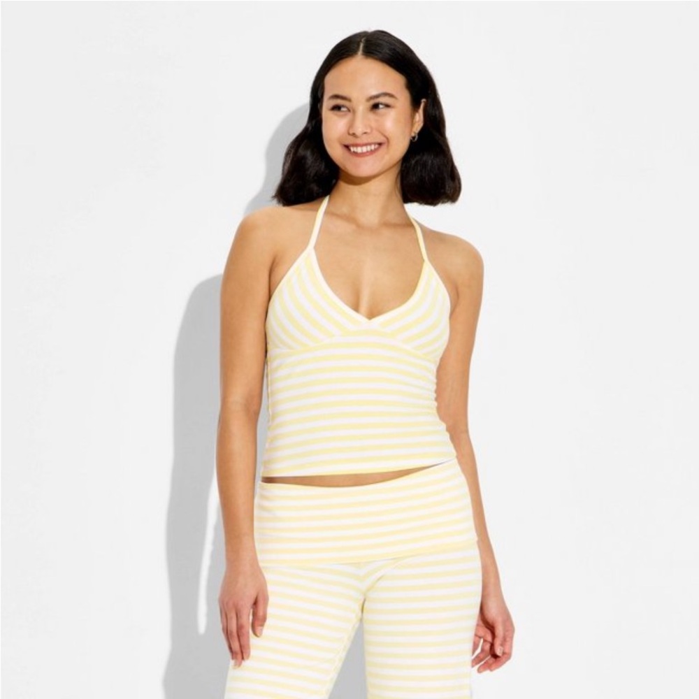 Women’s  Soft Cotton Halter Top -   Light Yellow Striped. L